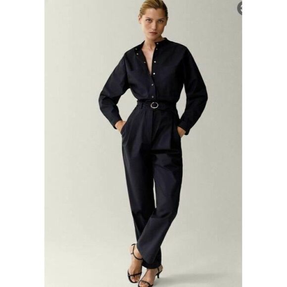 Massimo Dutti Womans Black Poplin Jumpsuit Romper Size Small Belted 6687/915 NWT - Picture 1 of 5